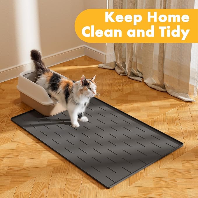 Pieviev Extra Large Silicone Litter Box Mat, Easy to Clean, 40'' x 28'' | Extra-Large Coverage Area Litter Mat, Soft on Kitty Paws, Grooves Reduce Waste, Raised Edges Trap Urine and Spills.