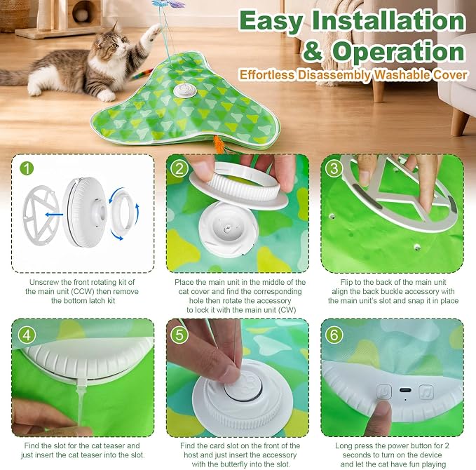 Interactive Cat Toy Mat for Indoor Cats, Rechargeable Hide & Seek Cat Toy with Moving Hidden Feathers& Fluttering Butterfly, Touch Activated Automatic for Bored Cats, Kittens & Adult Cats