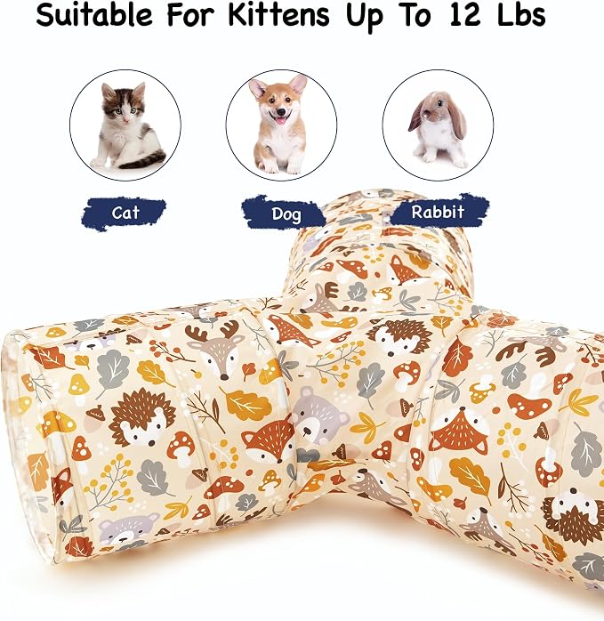 Tempcore Cat Tunnel for Indoor Cats, 3 Way Collapsible Pet Play Tunnel with Teaser Wand, Peek Holes & Hanging Ball, Interactive Tube for Kittens & Rabbits, Beige Deer