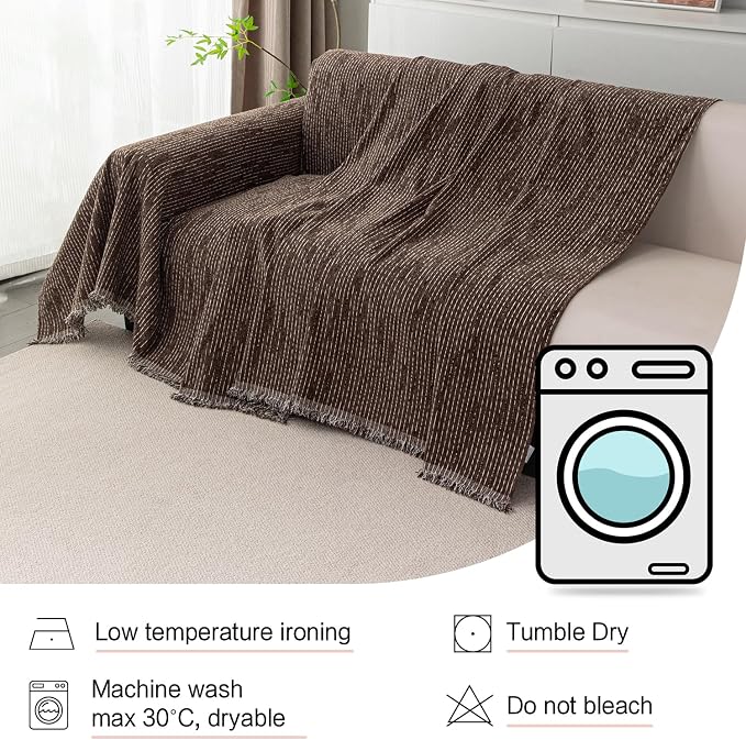 MYSKY HOME Boho Couch Cover Deep Chocolate Sofa Covers with Tassel Farmhouse Sofa Slipcover Simple Couch Protector for Dogs Chenille Sectional Couch Covers L Shaped Couch Cushion Covers, 71"x 134"