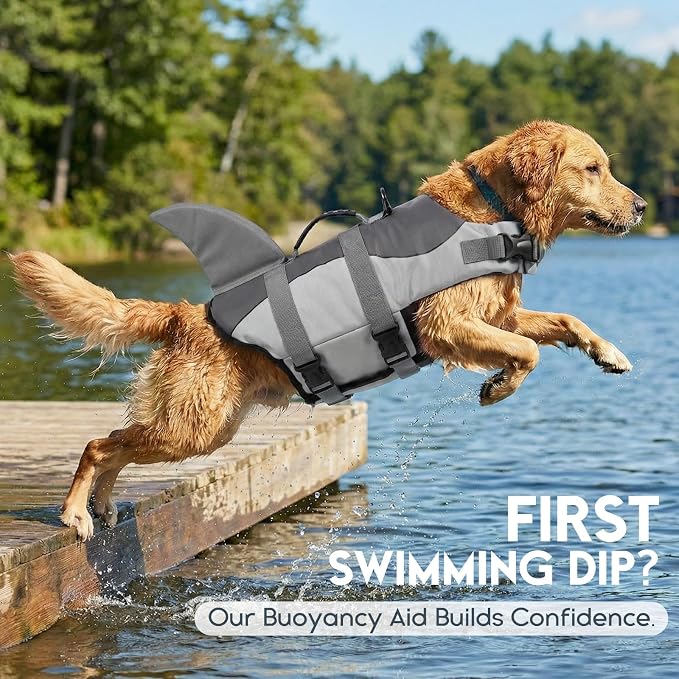 ASENKU Dog Life Jacket - Pet Safety Vest for Swimming & Boating, Shark Life Jacket with Floatation, Dog Lifesavers Swimsuits for Small Medium Large Dogs (Grey, S)