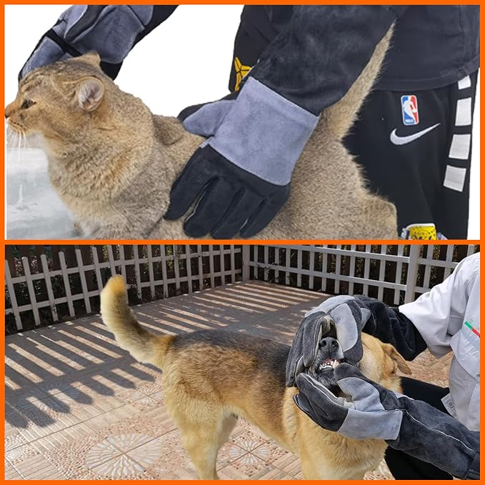 WZQH 21.3 In Gloves for Animal Handling,Welding,Bite Proof for Cat Dog.M | For Grabbing Reptile Bird Falcon Livestock Snake,Grooming,Trips to Vet,Fireplace.Puncture & Scratch Resistant,Leather,Black