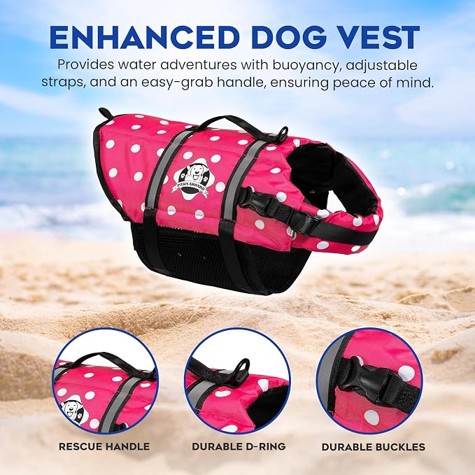 Dog Life Jacket - Swimming Vest for Dogs, Adjustable, Reflective, Comfortable, Multiple Colors, Patterns, XX-Small to Extra Large Dog Swim Vest with Handle (Pink Polka Dot, X-Small)