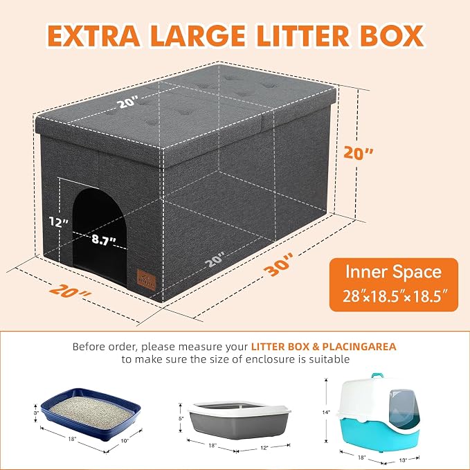 Zerbuger Cat Litter Box Enclosure Furniture for Odor Control | Hidden Cabinet Cats Litter Ottoman With Flip-Up Lid,Cat Litter Box Bench With Storage Space, Dog Proof(Grey, X-Large)