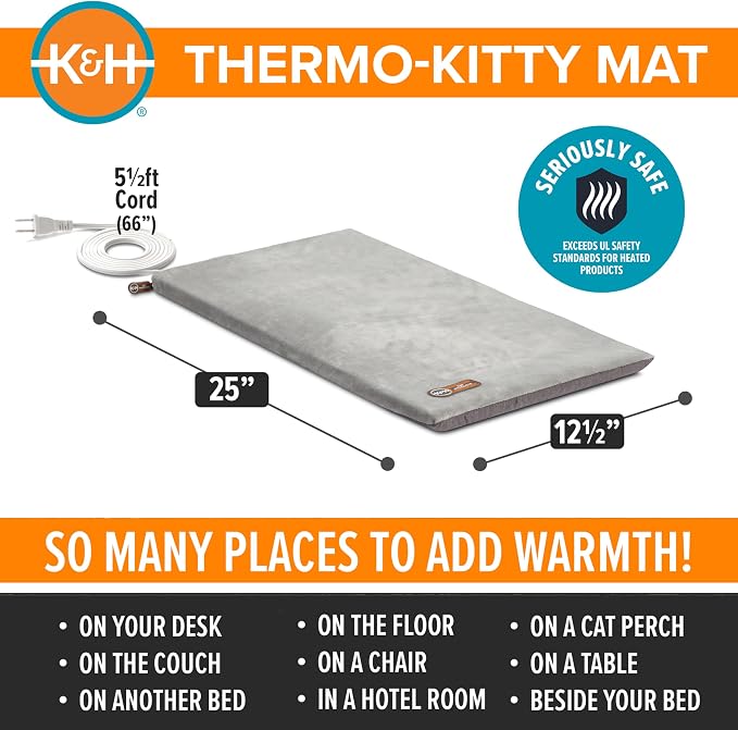 K&H Heated Cat Bed, Thermo-Kitty Mat Indoor, Safety Listed, 6W, Gray | Removable Waterproof Cat Heating Pad, Reversible Calming Warm Foam Pet Pad, Machine Washable, Smart Thermostat, 25x12.5in