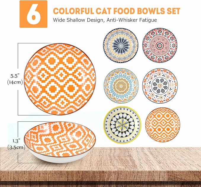 Cat Food Bowl, 6 Pack Ceramic Cat Dishes for Food & Water, Kitten Bowls Set | 5.5" Shallow Feeding Bowls for Wet Meals, Kibble & Water, Whisker Friendly Wide Plates for Cats, Dishwasher & Microwave Safe