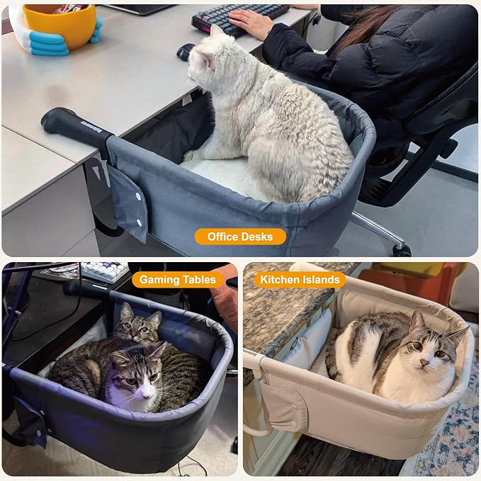 Extra-Sturdy Cat Desk Bed for Large Cats 50lbs Desk Cat Bed Attachment | for Desktop under 3", Heavy Duty, Paw Design, Waterproof, Dual-Sided Mat, Easy Assembly for Gaming Desk & Kitchen Island