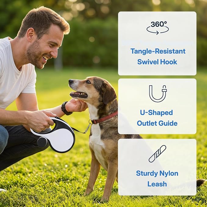 26ft Retractable Dog Leash Durable for Dog up to 110lbs, White | Automatic 8M Tangle-free Strong Nylon Leash for Large Dogs,Built-in Waste Bag Dispenser, One-hand Brake & Lock