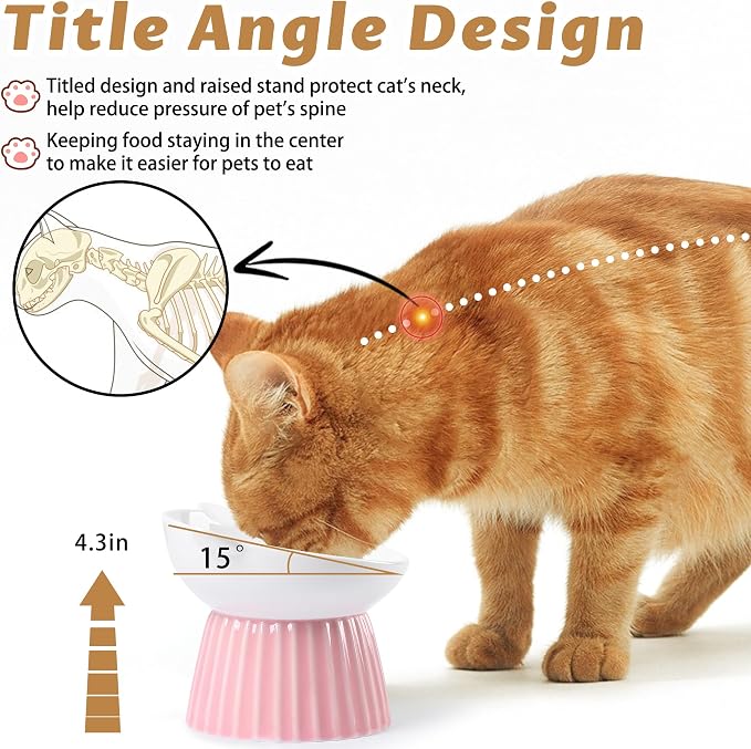 Ceramic Raised Cat Bowl，Tilted Raised Bowl Anti Vomit for Indoor Cats Whisker Friendly Pet Feeder for Cats Puppies, Microwave and Dishwasher Safe (Blue)