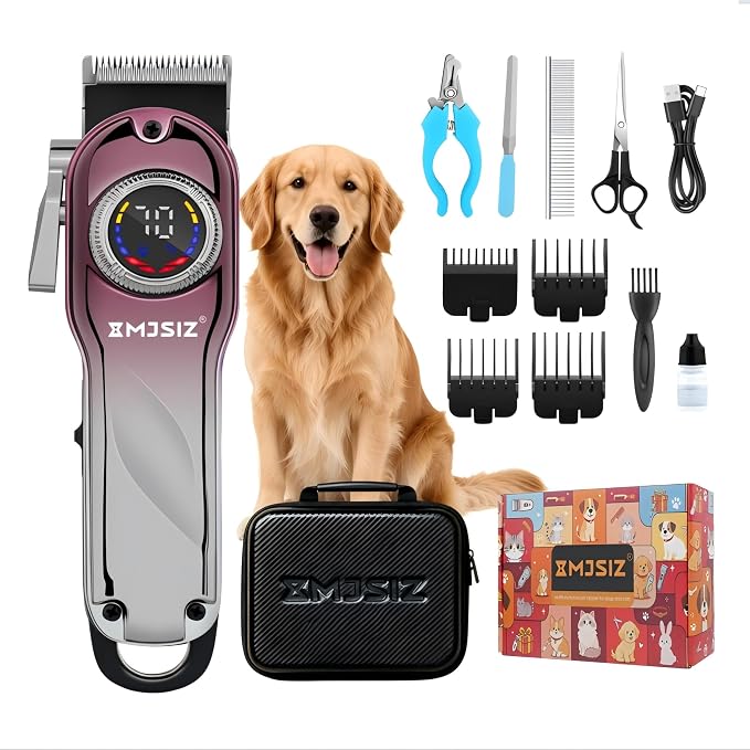 Dog Clippers for Grooming Thick Hair, Pet Grooming Kit with Carry Case | LCD Display • USB-C Charging • 180-Min Runtime • Low Noise • Carrying Case • Metal Housing