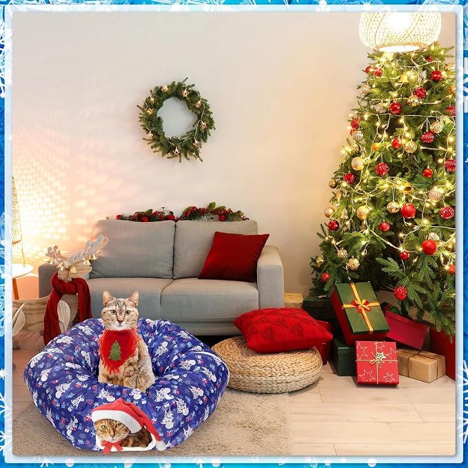 Christmas Cat Tunnel Bed for Indoor Cats Under Christmas Tree Skirt Tube with Hanging Ball Plush Cat Cave, Washable Holiday Pet Gift Toy & Gift for Kittens(Snowman)