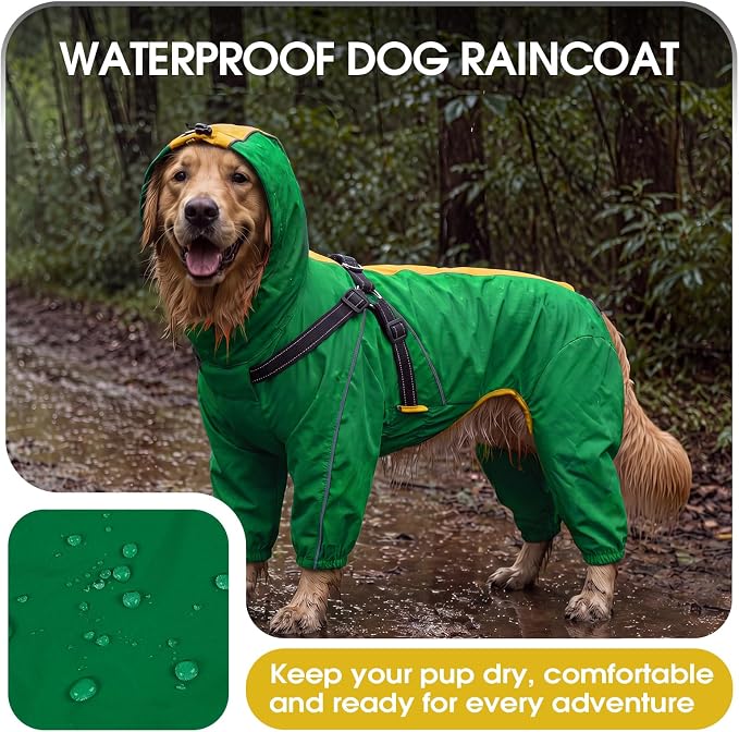 QBLEEV Dog Raincoat with Built-in Harness, Waterproof Rain Jacket, Green, M | Waterproof & windproof | built-in harness | easy on and off with dual closure | reflective safety strips | detachable hood