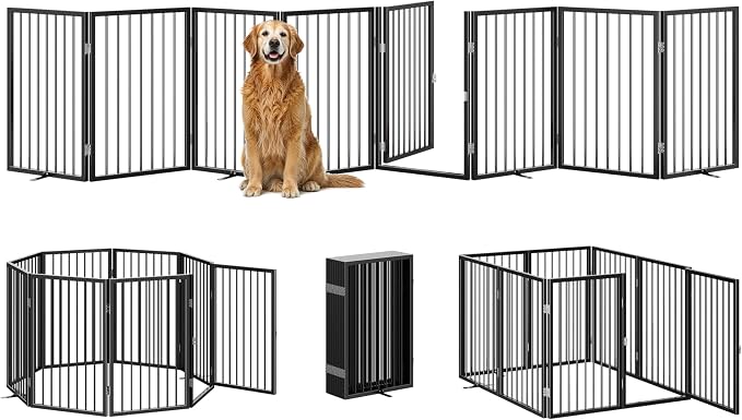 Vantas 160" x 32" Foldable Freestanding Extra Wide Dog Gate with Door,Black | Freestanding Dog Gate for Stairs and Doorways, Renter Friendly No Drill, Extra Wide, Easy Storage, With Support Feet