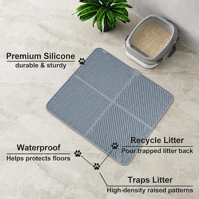 Silicone Cat Litter Mat, 30'' × 23'' Large Waterproof Cat Pad for Litter Box, Easy-Clean Trapping Surface with Raised Edge, Gentle on Paws, Gray