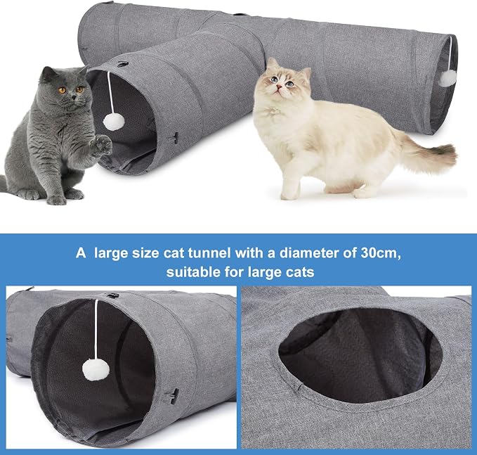 Ownpets 12" Large Cat Tunnel 3-Way T-Shape Oxford Fabric for Large Cat | Silent oxford fabric no noise, expandable 3-channel design, with plush ball ,feather wand, peek hole, for multi-cat household