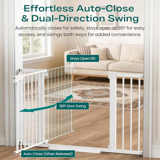 Cumbor 30-46" Baby Gate for Stairs, Auto Close Dog Gate for Doorways White | Toddler Safety Essentials for the House, Mom's Choice Awards Winner-Easy Install Pressure/Hardware Mounted Pet Gate for Dogs