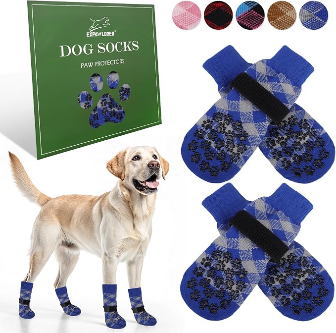 EXPAWLORER Dog Socks to Prevent Licking Paws, Dog Shoes for Hot Pavement, Anti Slip Dog Booties for Hardwood Floors, Dog Boots & Paw Protectors for Small Medium Large Senior Dogs, Blue L