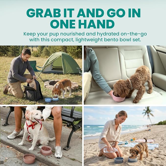 Dog Travel Bowls - Set of 2 Portable Pet Food & Water Dishes with Lid & Handle - Each Nesting Container Includes a Non-Slip Silicone Base - Microwave & Dishwasher Safe - BPA & Toxin-Free