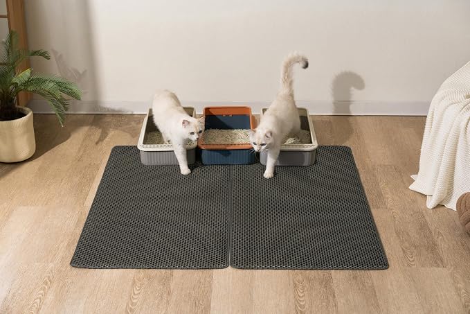 Cat Litter Mat, 35x25in 2 Pack, Large Litter-Trapping Litter Box Mats | Extra Large Waterproof Kitty Litter Catcher Mat, 2-Layer Honeycomb, BPA-Free Cat Mat, Easy Lift & Dump, Rinse or Vacuum, Gray