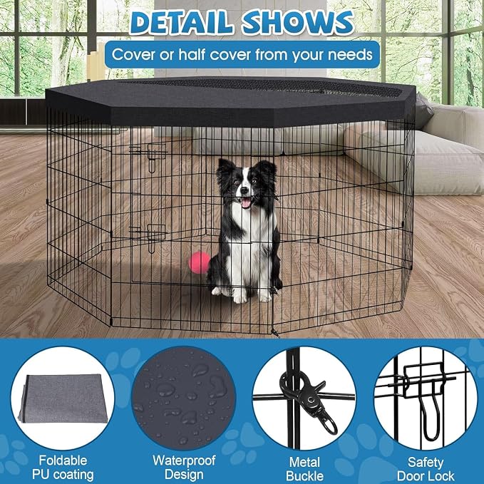 Artmalle 30-Inch Dog Playpen with Top Cover, 8-Panel Rustproof Fence | 30-inch rustproof 8-panel dog playpen with mesh top cover, foldable setup and flexible shapes for indoor or outdoor use.