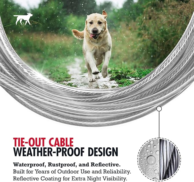 Tuff Pupper Dog Tie Out Cable, 25 ft Heavy Duty Lead for up to 90 lb Dogs | Extra-Strong Coated Steel Wire for Large Dogs; Water/Rust Resistant Yard Runner Line with 360-Degree No-Tangle Swivel Clips