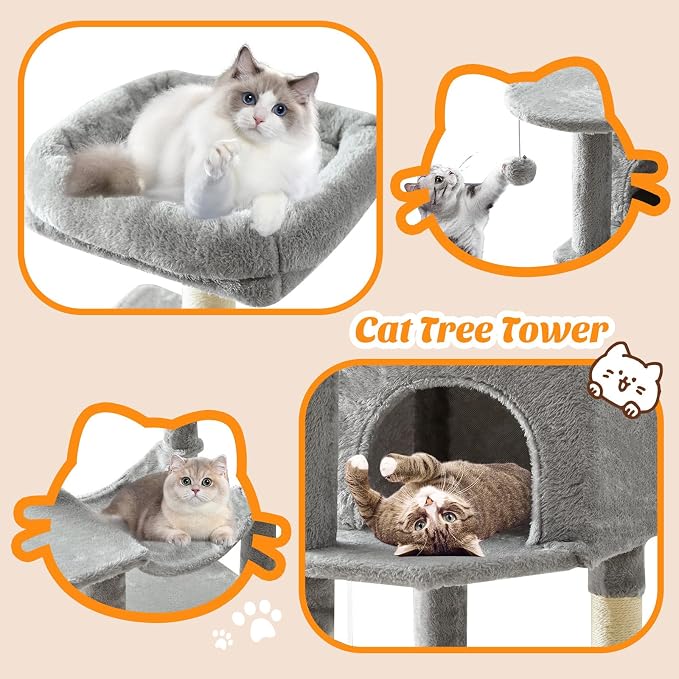 DUMOS Small 44 Inch Cat Tree Tower for Indoor, Light Grey | Cat Climbing Tower with Natural Sisal Scratching Posts, Hammock, Pet Condo for Cats and Kittens Play