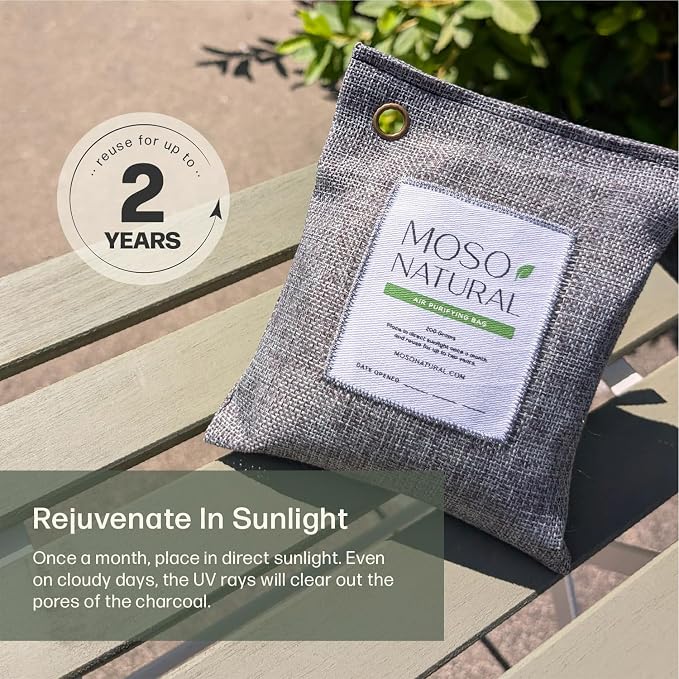 Moso Natural Air Purifying Bag 200g (4 Pack) Premium Charcoal Odor Absorber, Car Odor Eliminator & Closet Deodorizer for Home & Pet, Lasts 2 Years, Unscented Bamboo Charcoal Bags, HGTV Editors' Pick