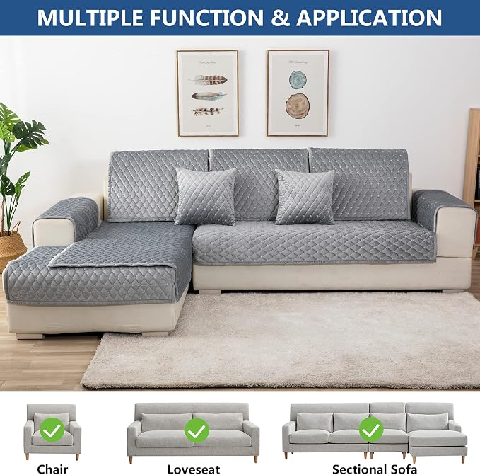 Eismodra Couch Cover,Sectional Couch Covers,Sofa Covers for 3 Cushion Couch,Anti-Slip Sofa Slipcovers for Dogs Cats Kids Loveseat Recliner L Shaped Armrest Backrest,Light Gray 36''x63''(Only 1 Piece)
