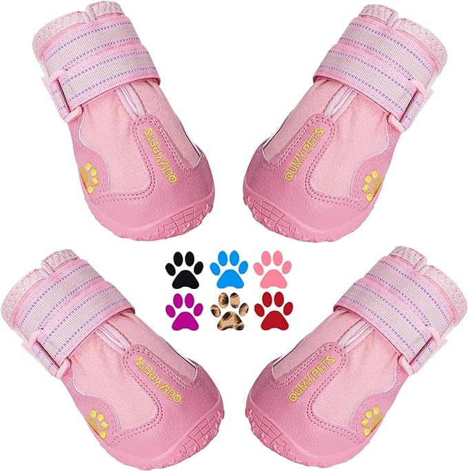 QUMY Dog Shoes for Hot Pavement, Dog Snow Boots & Paw Protectors for Winter | Dog Booties Medium Large Size Dogs, Water-resistant in the Rain, Outdoor Walking, Indoor Hardfloors Skid-resistant Sole Pink
