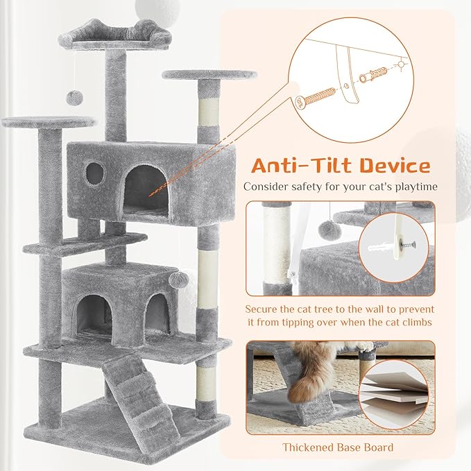 54 Inch Cat Tree Tower with Scratching Post, Light Grey | Multi-Level Cat Tower with Condo and Climbing Ladder, Play Toy Balls House for Indoor Cats