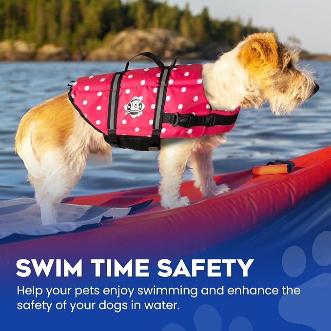 Dog Life Jacket - Swimming Vest for Dogs, Adjustable, Reflective, Comfortable, Multiple Colors, Patterns, XX-Small to Extra Large Dog Swim Vest with Handle (Pink Polka Dot, X-Small)