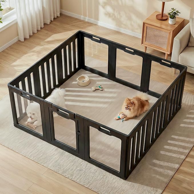 Soulbond Clear Acrylic Dog Playpen Indoor (24 Inch, Black, 12 Panels) | Non-Slip,Tool-Free Assembly, External Door Lock Play Pen for Puppies and Small Dogs