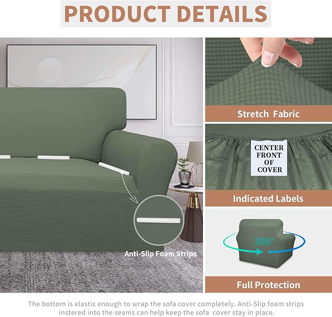 Easy-Going 100% Waterproof Chair Couch Cover, Stretch Jacquard Sofa Cover | Dual Waterproof Sofa Slipcover, Leakproof Furniture Protector for Kids, Pets, Dog and Cat (Loveseat, Grayish Green)