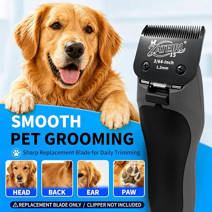 Size 15 Detachable Pet Grooming Clipper Blade with Steel Cutter, 3/64 Inch (1.2 mm) Cut Length, Black, Compatible with Andis, Oster A5, Wahl KM10, 3 Pack