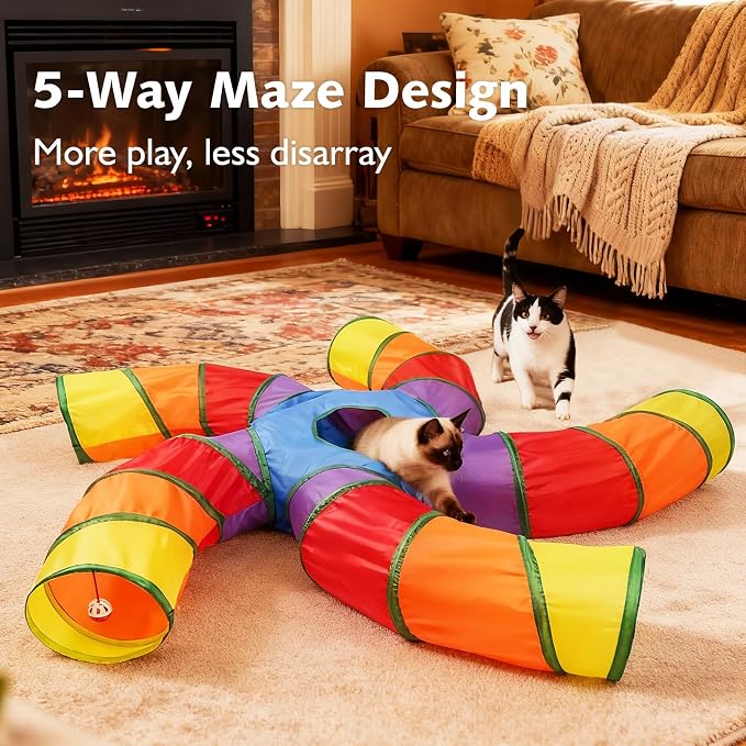 Joytale Cat Tunnel for Multiple Cats, 5-Way Indoor Tube Toy to Chase & Hide | Bell ball & Toy Mouse Included; Peekaboo Hole; Pops Open & Folds Into Zip Bag; Fits Cats to ~12 lb; Kittens & Rabbits Too
