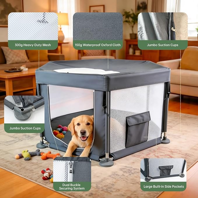 55x55x27.5 in Sturdy Dog Playpen Indoor, Heavy Duty Puppy Play Pen with Removable Zipper Top & Easy-Detach Washable Bottom, Secure Playpen for Dogs