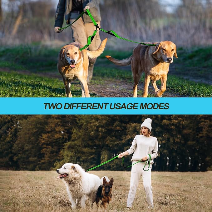 PetBonus Double Dog Leash, No Tangle Dual Leash, Walking Training Lead | 4 Comfortable Padded Handles, Adjustable, Reflective, For Two Large Medium Dogs, Collapsible Bowl and Waste Bags, Grass Green