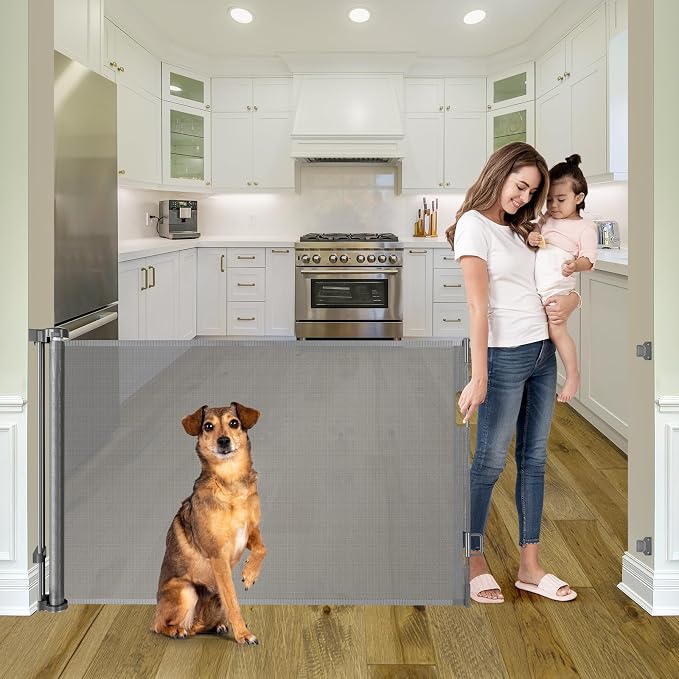 55 Inch Wide Retractable Baby Gate Mesh Dog Gate, Indoor & Outdoor, Gray | Retractable Gate for Stair/Doorway, Space-Saving, Easy One-Hand Operation, Safety Lock, Scratch-Resistant Mesh, Easy Install