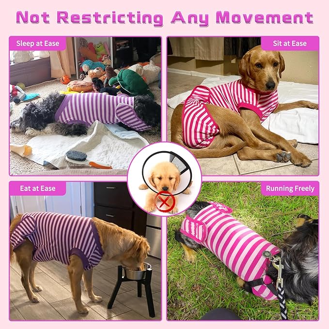 2 Packs Breathable Cotton Dog Recovery Suit for After Neuter Spay Abdominal Wounds Protector, Professional Anti-Licking Onesies for Male Female Pets Surgery Bandages, XL Purple & Pink Stripes
