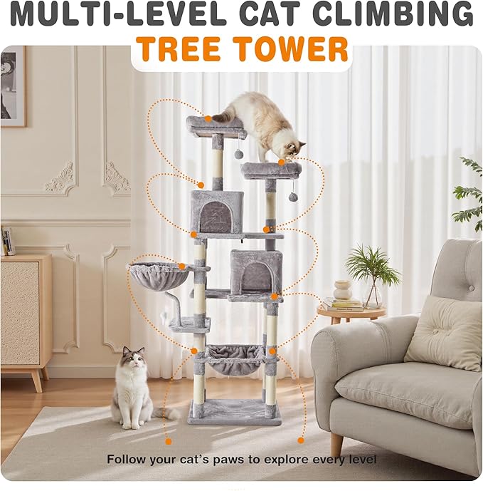 Sweetcrispy 71 Inch Cat Tree Tower for Indoor Cats, Light Grey | Multi Level Climbing Condo, Natural Sisal Scratching Posts, Platform Basket, Indoor Kittens Play
