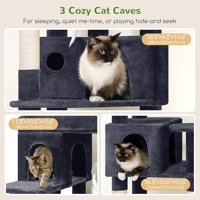 Globlazer F66 Corner Cat Tree, 66in Multi-Level Climbing Tower, Dark Grey | Kitty Condos Cat Scratching Tower for Indoor Multiple Cats with Large Platform, 3 Cat Caves, Hanging Basket