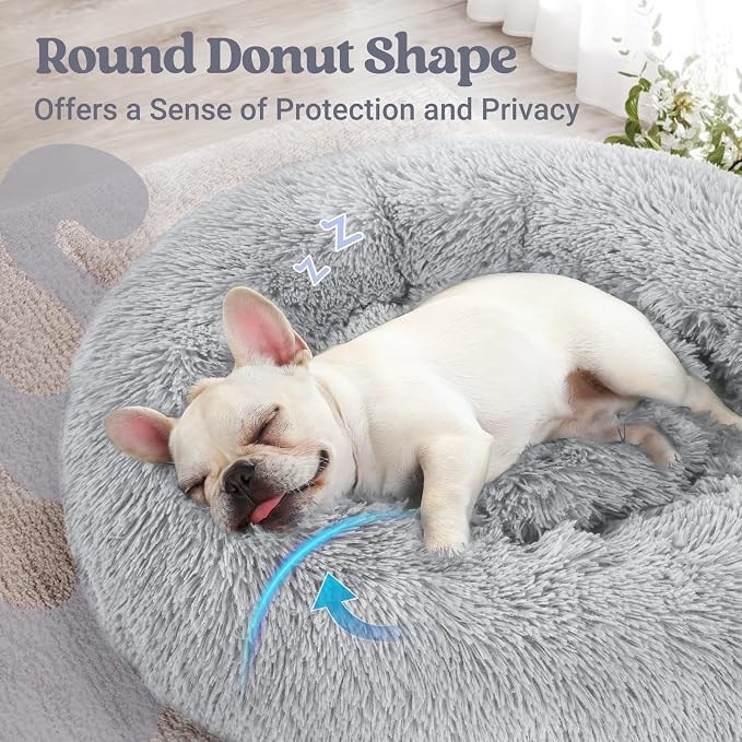 rabbitgoo Calming Cat Beds for Indoor Cats, 23 inches, Light Grey | Soft Warm Donut, Fluffy Faux Fur, Supportive Raised Rim, Anti-slip, Machine Washable, Up to 25lbs Cats & Small Dogs