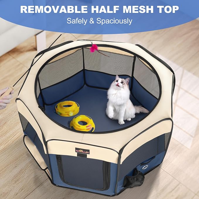 Aivituvin Dog Playpen, Foldable Pet Play Pens with Carrying Bag for Cat, Puppies, Rabbits, Portable Dog Tent Crates Cage for Travel Camping Indoor Outdoor, Removable Shade Cover, Blue L