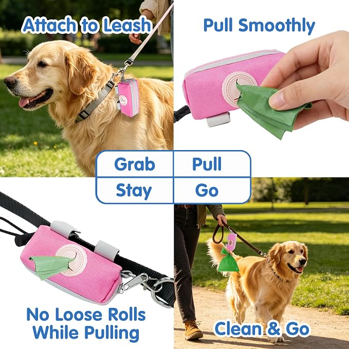 Dog Poop Bag Holder for Leash, Large-Capacity Canvas Pouch, Pink | Holds one bag roll, keys, treats, and small essentials with quick access, secure straps, and water-resistant canvas