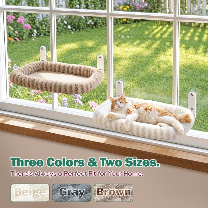 Zakkart Mellow Foldable Cat Window Perch, Upgraded Suction Cups (Brown, M) | Curtain-Friendly, Dual-Fabric Striped Machine Washable Bed, Heavy Duty ABS & Metal Frame, Hold up to 40 lbs., 22.8"W x 15.5"D