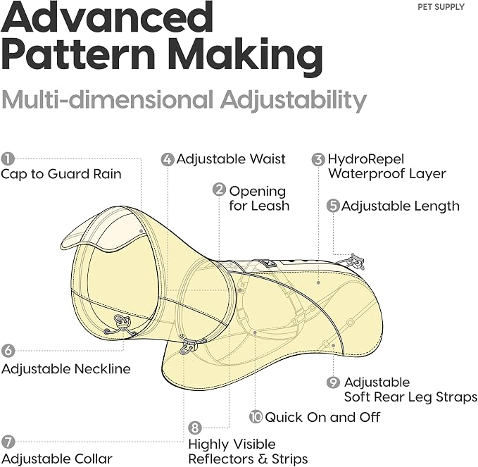 Slip-On Dog Rain Poncho, Quick & Easy to Wear Dog Raincoat, Unrestricted, Super Lightweight, and Waterproof Rain Jacket for All Breeds, Adjustable and Reflective (Yellow, Medium)