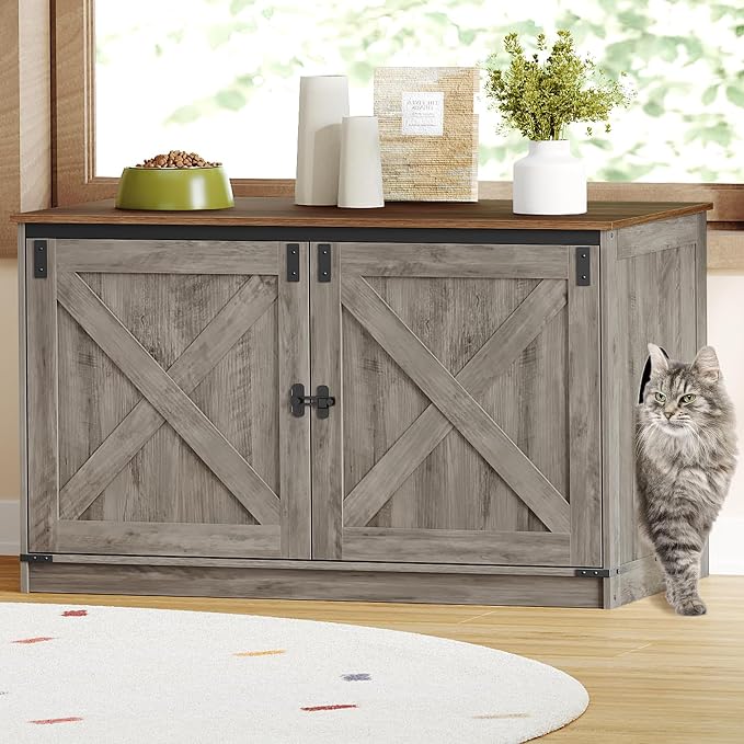 Hzuaneri Cat Litter Box Enclosure, Hidden Litter Box Furniture with Divider | Wooden Cat Cabinet with Removable Dividers, Reversible Entrance Left or Right Side, Cat Washroom, Greige CB84705X