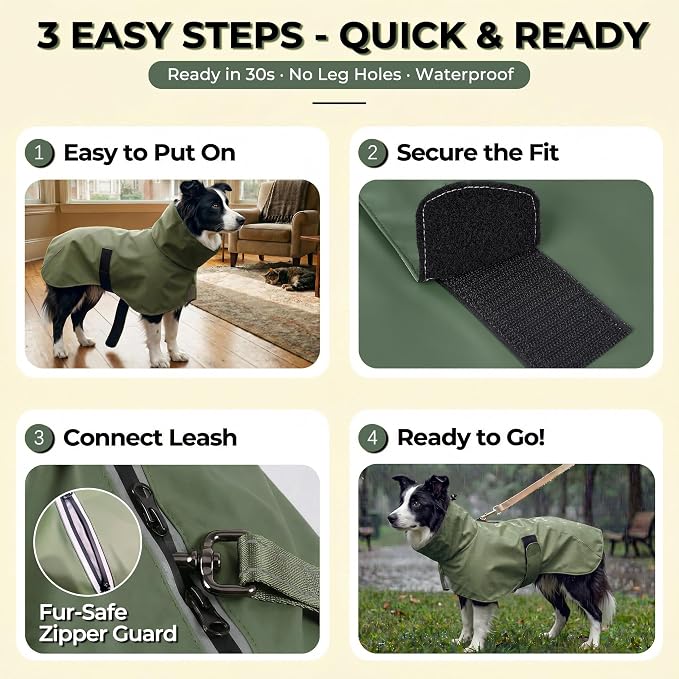PU Dog Raincoat, Non-Toxic & Odorless Waterproof Vest, Adjustable High Neck and Hook & Loop Belly Closure for Rainy Potty Breaks & Wet Weather Outdoor Walks (Olive Green, Large)