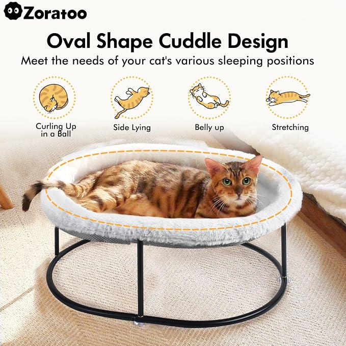 Zoratoo Elevated Cat Hammock, Fluffy Cuddle Cat Bed for Multiple Cats | Portable Raised Pet Bed, Sturdy Metal Frame, Detachable Washable Cover, Oval Shape Cuddle Bed for Sleeping Kittens