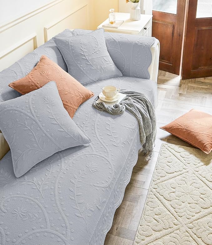 Leaf Floral Cotton Quilted Dog Couch Cover for Sofa Farmhouse Rustic Embroidered Sectional Couch Cover Soft Anti-Slip Sofa Slipcover Furniture Protector for Kids, Pets (Grey,36"x94")